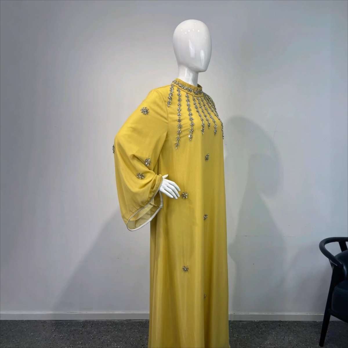 Rhinestone Scatter Batwing Abaya — Crystal Chiffon Modest Kaftan