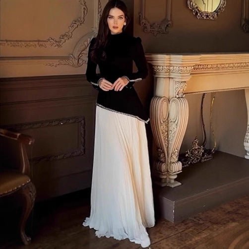 Rhinestone - Trimmed Top & Pleated Skirt Set(MS317) - Mariam's Collection