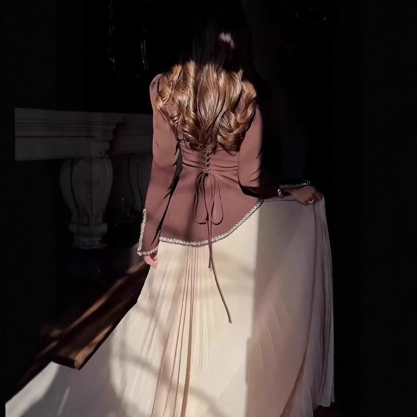 Rhinestone - Trimmed Top & Pleated Skirt Set(MS317) - Mariam's Collection