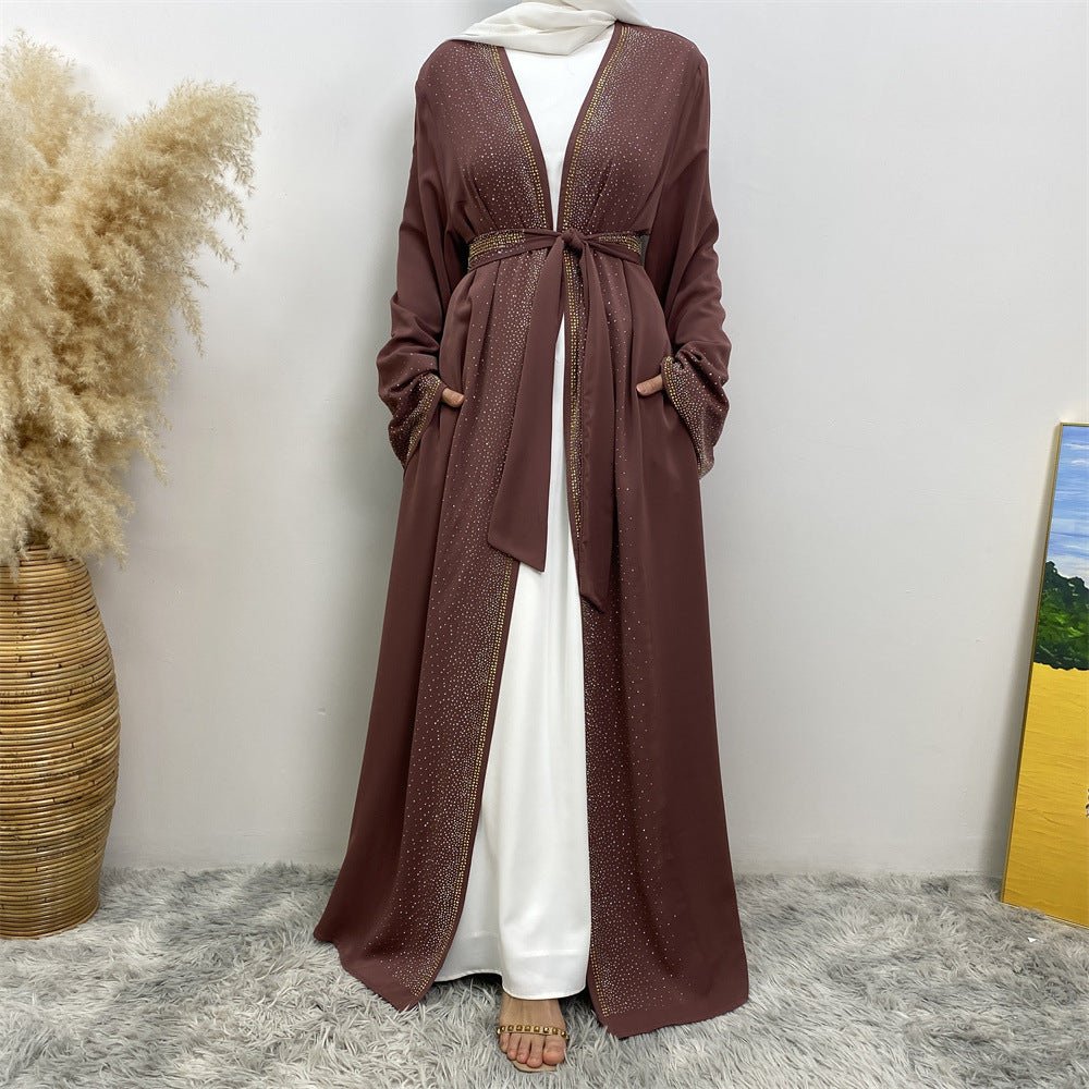 Rhinestones Open Abaya With Side Pockets (MOA046) - Mariam's Collection