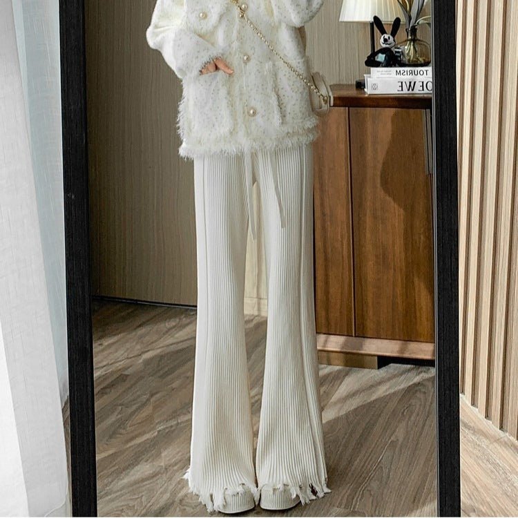 Ribbed Knit Frayed Wide Leg Pants | High Waist Drawstring Flare Pants(MS164) - Mariam's Collection