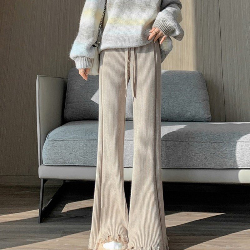 Ribbed Knit Frayed Wide Leg Pants | High Waist Drawstring Flare Pants(MS164) - Mariam's Collection