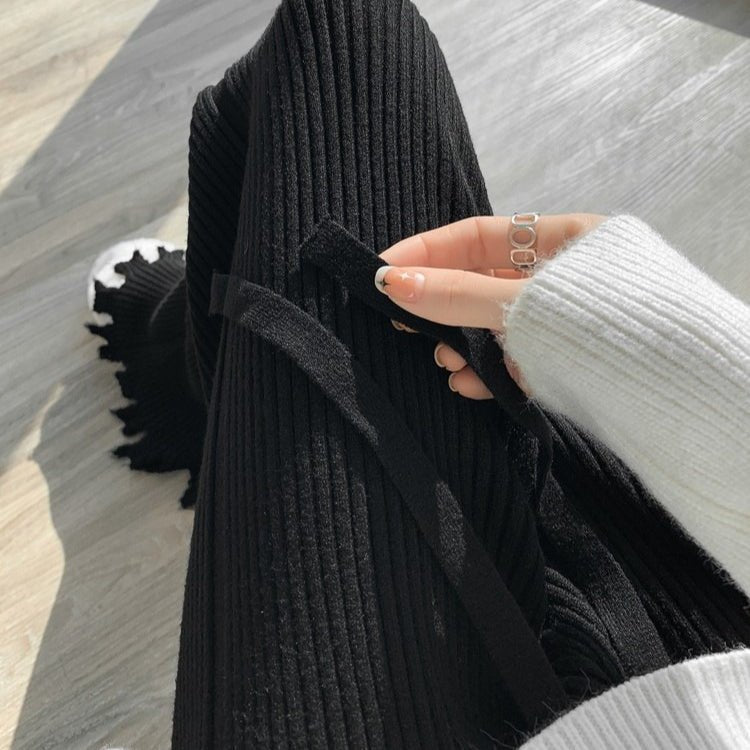 Ribbed Knit Frayed Wide Leg Pants | High Waist Drawstring Flare Pants(MS164) - Mariam's Collection