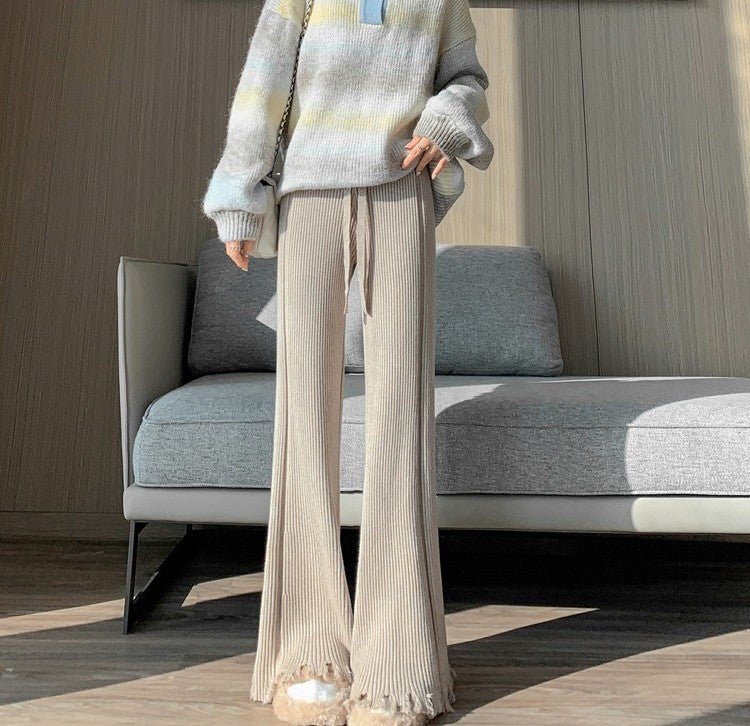 Ribbed Knit Frayed Wide Leg Pants | High Waist Drawstring Flare Pants(MS164) - Mariam's Collection