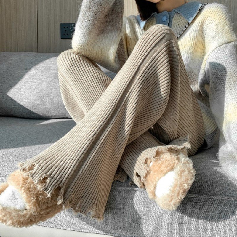Ribbed Knit Frayed Wide Leg Pants | High Waist Drawstring Flare Pants(MS164) - Mariam's Collection