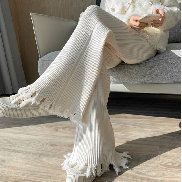 Ribbed Knit Frayed Wide Leg Pants | High Waist Drawstring Flare Pants(MS164) - Mariam's Collection