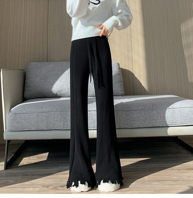 Ribbed Knit Frayed Wide Leg Pants | High Waist Drawstring Flare Pants(MS164) - Mariam's Collection