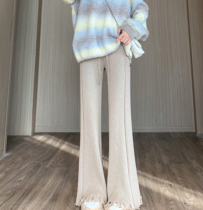 Ribbed Knit Frayed Wide Leg Pants | High Waist Drawstring Flare Pants(MS164) - Mariam's Collection