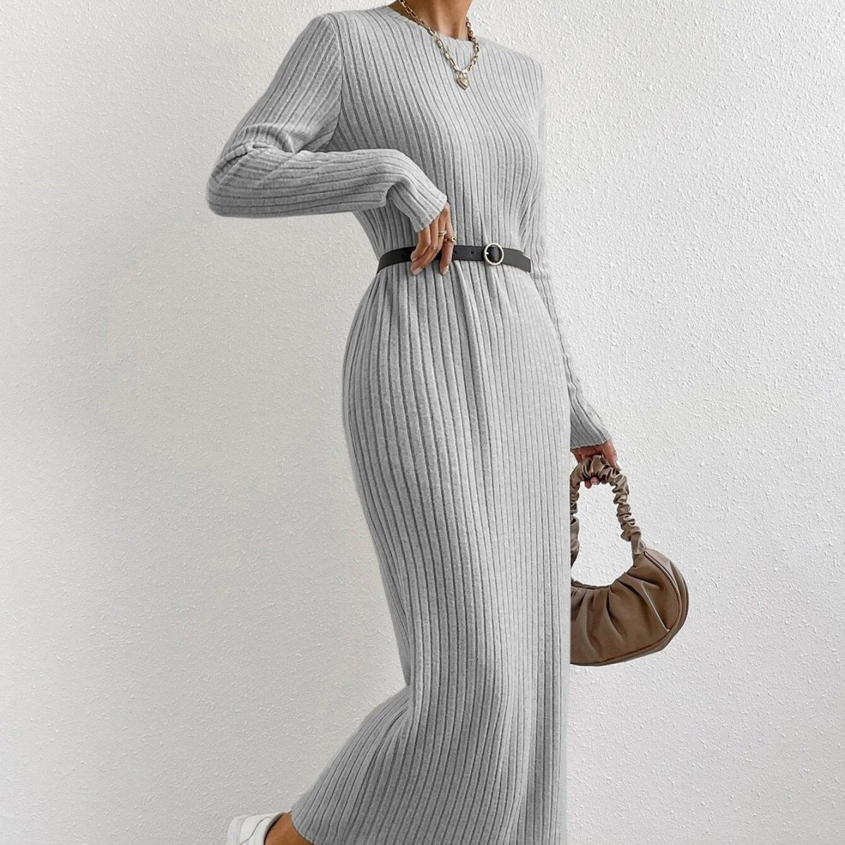Ribbed Knit Maxi Dress | Long Sleeve Casual Sweater Dress(MS226) - Mariam's Collection
