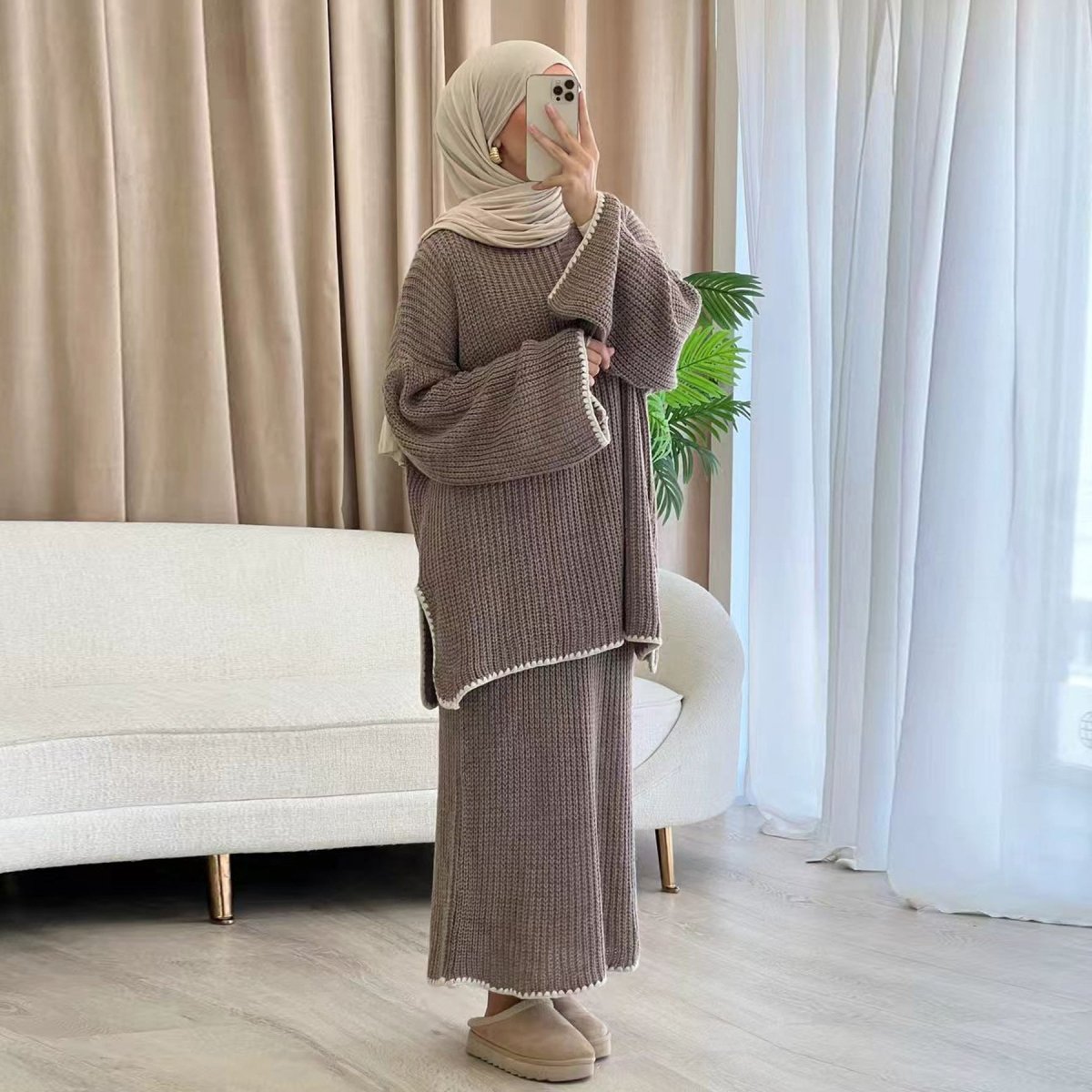 Ribbed Knit Sweater & Skirt Set with Contrast Trim(MS301) - Mariam's Collection