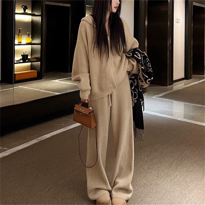 Ribbed Knit Zip - Up Hoodie Autumn Two - Piece Loungewear(MS162) - Mariam's Collection