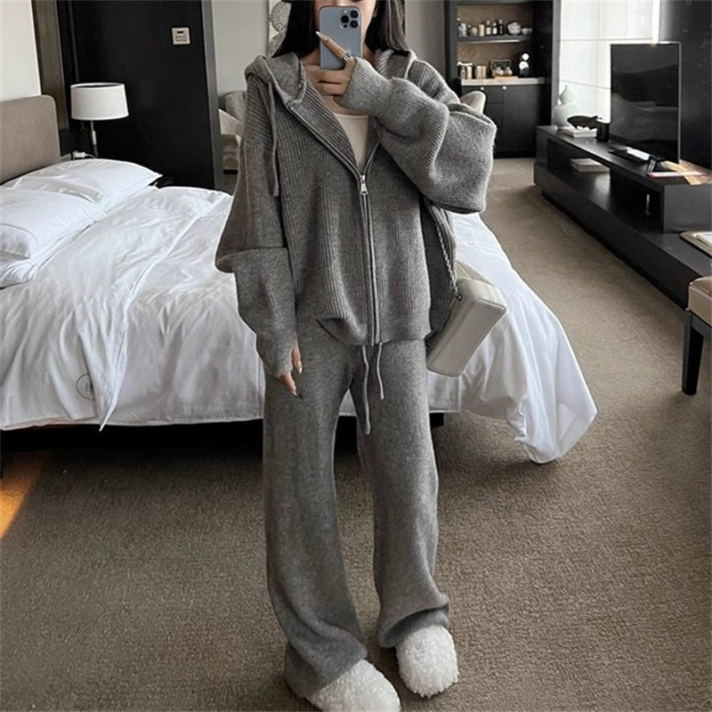 Ribbed Knit Zip - Up Hoodie Autumn Two - Piece Loungewear(MS162) - Mariam's Collection