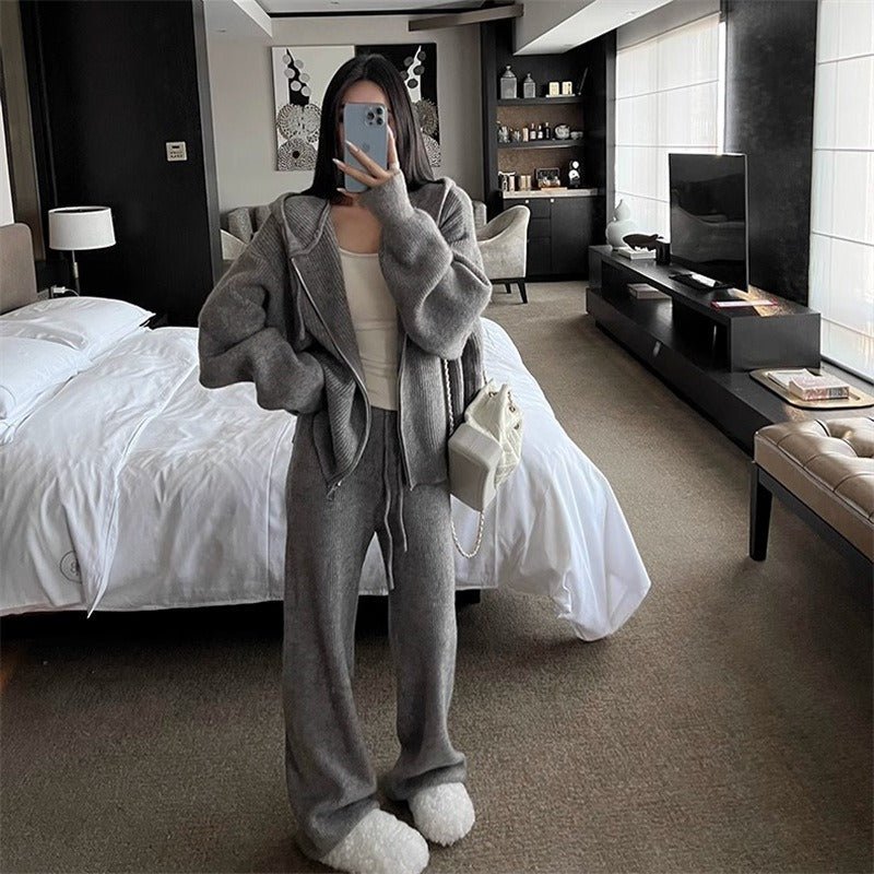 Ribbed Knit Zip - Up Hoodie Autumn Two - Piece Loungewear(MS162) - Mariam's Collection