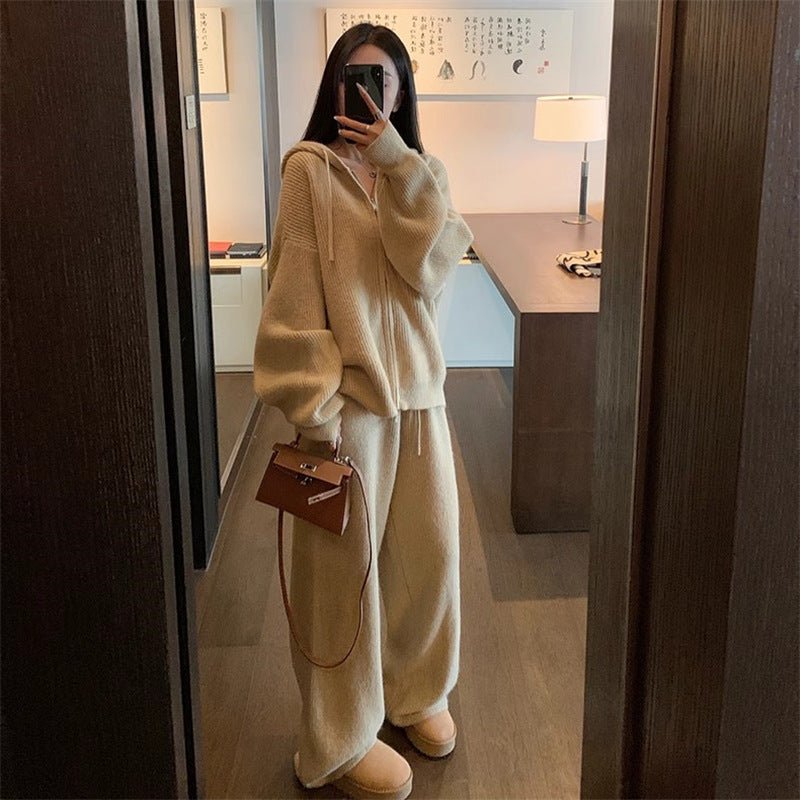 Ribbed Knit Zip - Up Hoodie Autumn Two - Piece Loungewear(MS162) - Mariam's Collection