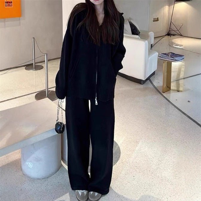 Ribbed Knit Zip - Up Hoodie Autumn Two - Piece Loungewear(MS162) - Mariam's Collection