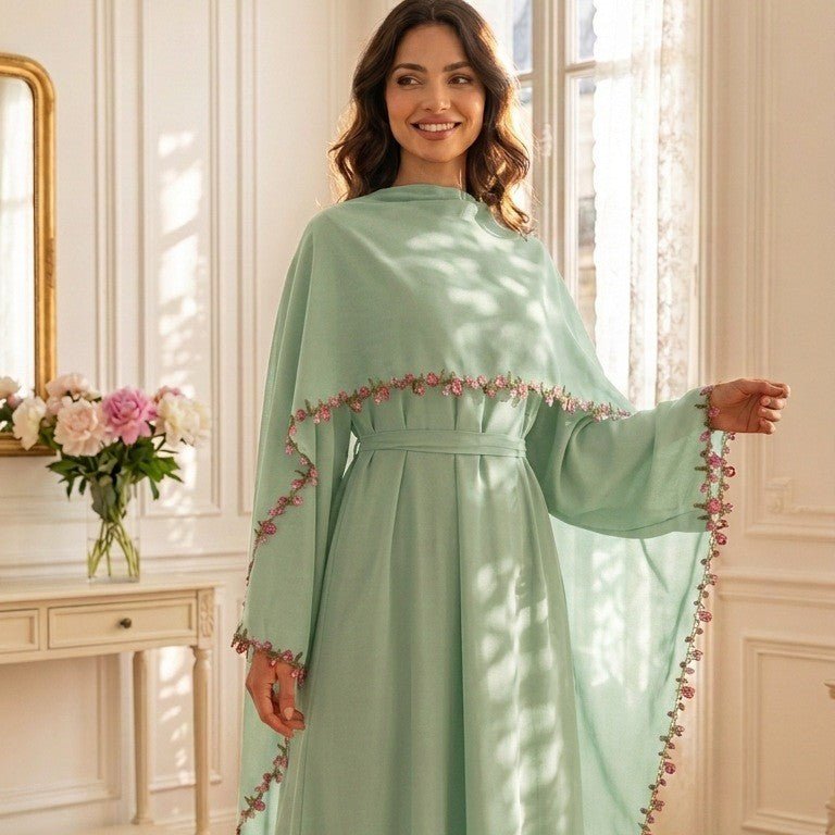 Rose Bud Embroidered Abaya – Wedding Guest Abaya Set Black / L