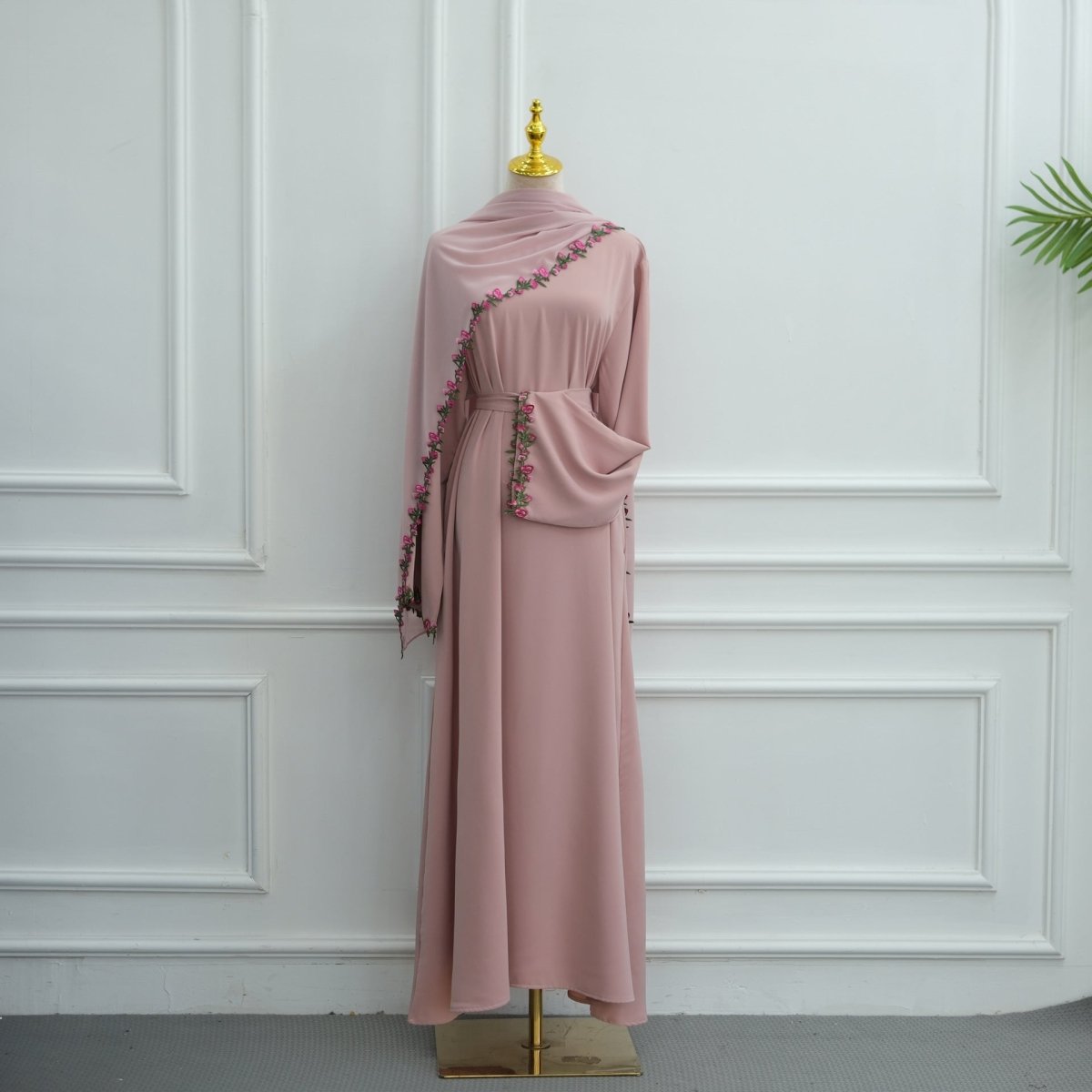 Rose Bud Embroidered Diagonal Trim Maxi Dress(MA455) - Mariam's Collection