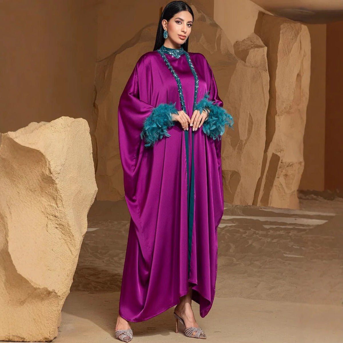 Rose Purple Luxury Feather Embellished Abaya Dress Two Piece Set With rose-purple-luxury-feather-embellished-abaya-dress-two-piece-set-with