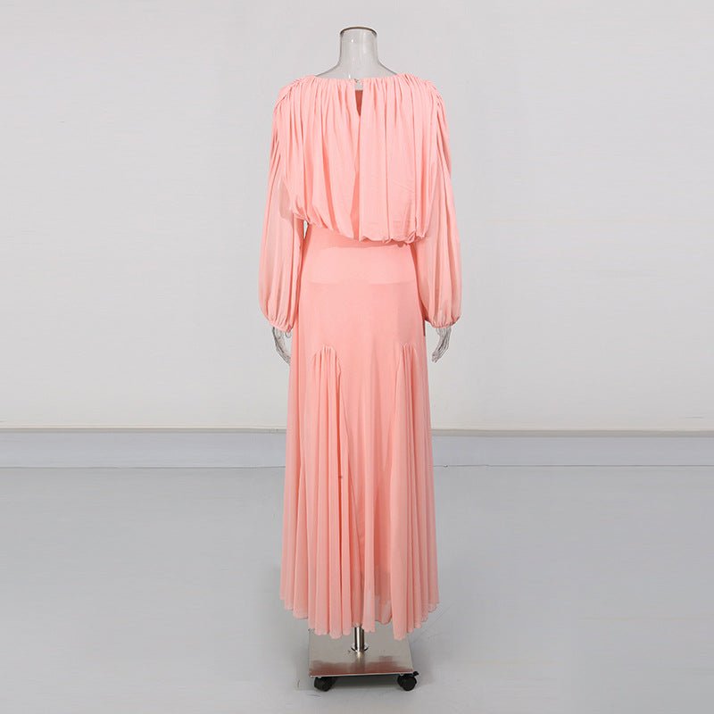 Round Neck Ruched Bodice Lantern Sleeve Floor - Length Dress(MS402) - Mariam's Collection