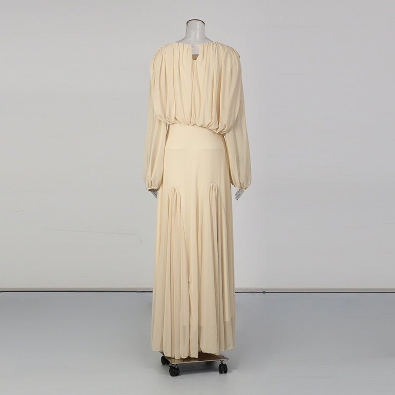 Round Neck Ruched Bodice Lantern Sleeve Floor - Length Dress(MS402) - Mariam's Collection