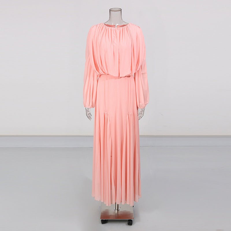 Round Neck Ruched Bodice Lantern Sleeve Floor - Length Dress(MS402) - Mariam's Collection