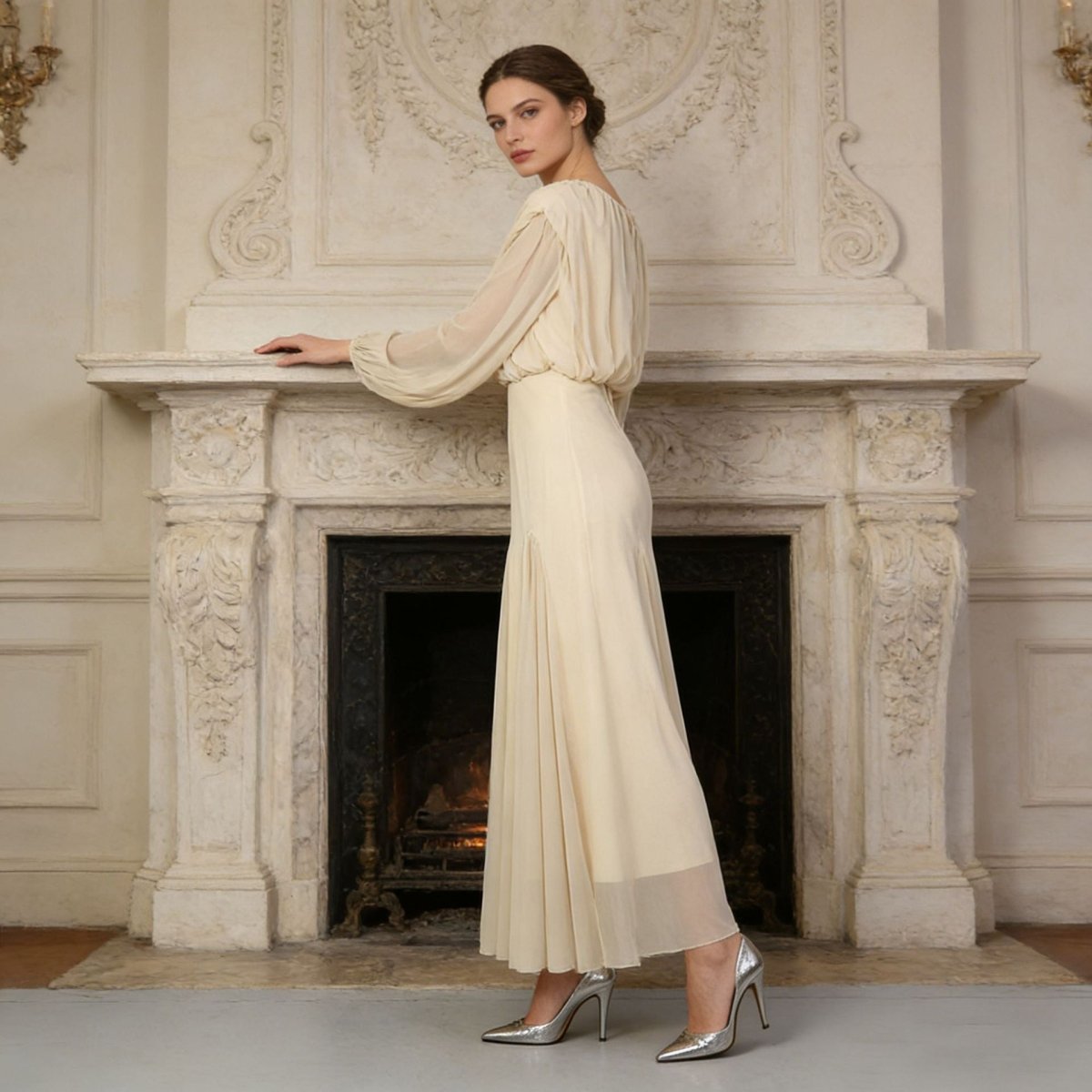 Round Neck Ruched Bodice Lantern Sleeve Floor - Length Dress(MS402) - Mariam's Collection