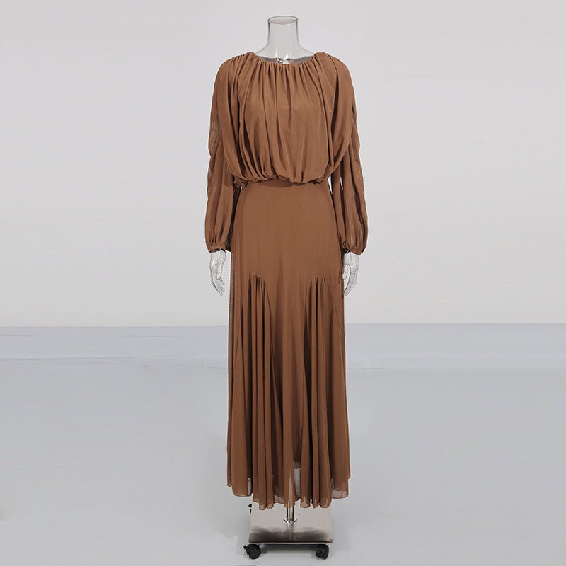 Round Neck Ruched Bodice Lantern Sleeve Floor - Length Dress(MS402) - Mariam's Collection