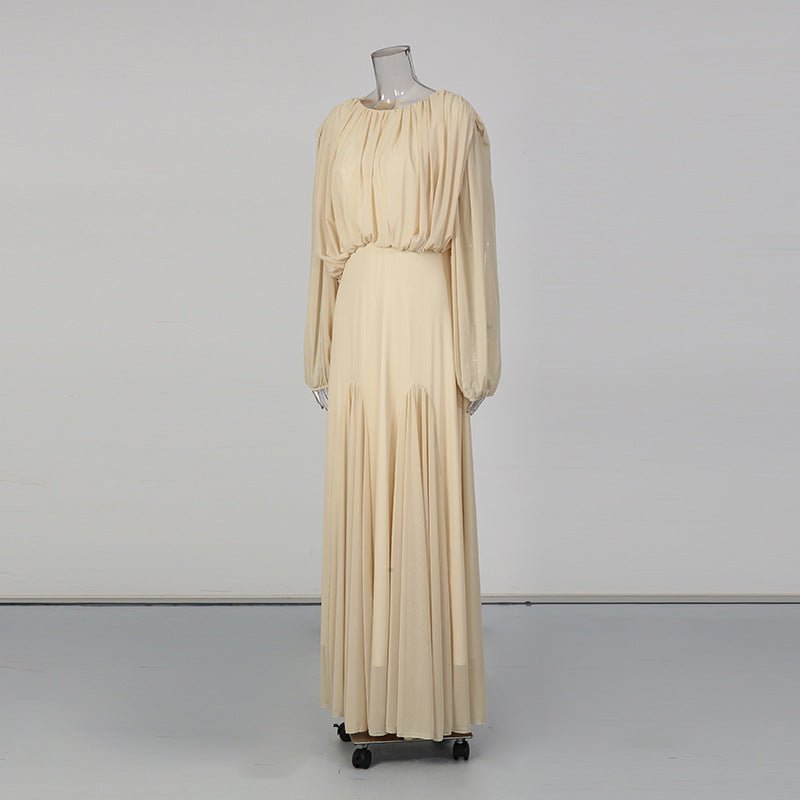 Round Neck Ruched Bodice Lantern Sleeve Floor - Length Dress(MS402) - Mariam's Collection