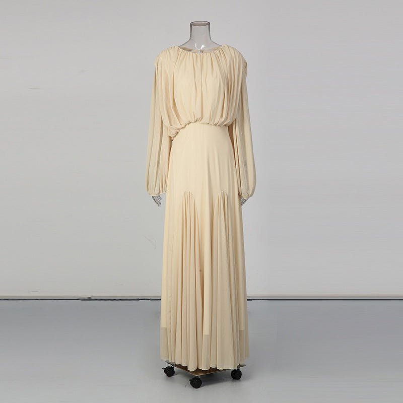 Round Neck Ruched Bodice Lantern Sleeve Floor - Length Dress(MS402) - Mariam's Collection
