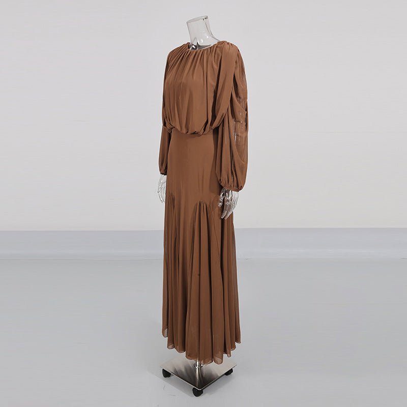 Round Neck Ruched Bodice Lantern Sleeve Floor - Length Dress(MS402) - Mariam's Collection