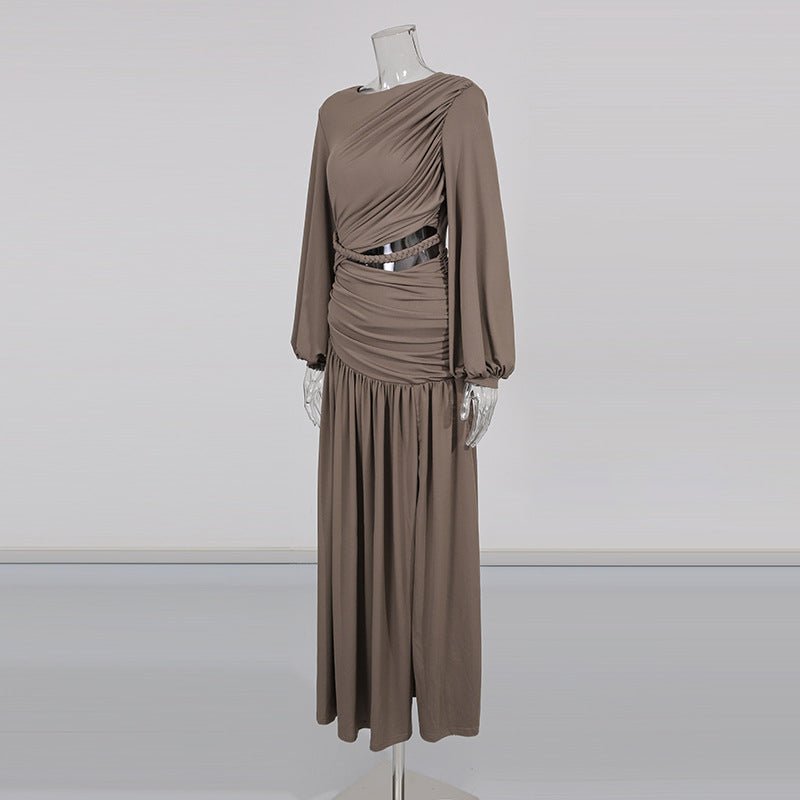 Ruched Dress with Braided Cutout Waist(MS345) - Mariam's Collection