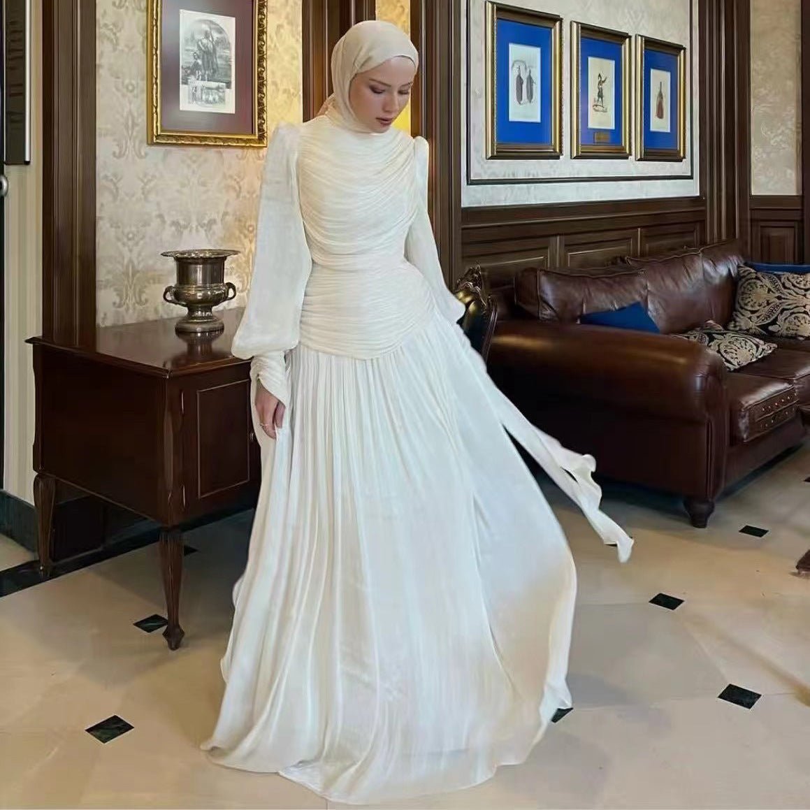 Ruched High Neck Evening Gown(MS221) - Mariam's Collection