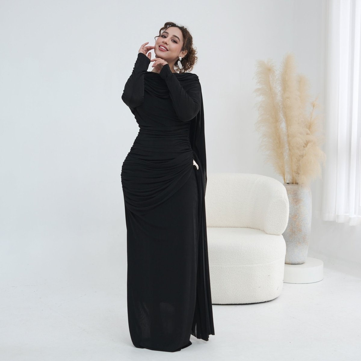 Ruched Maxi Dress with Cape(MS434) - Mariam's Collection