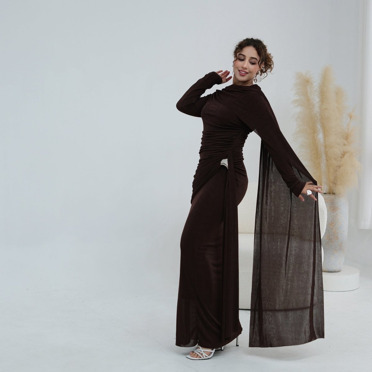 Ruched Maxi Dress with Cape(MS434) - Mariam's Collection
