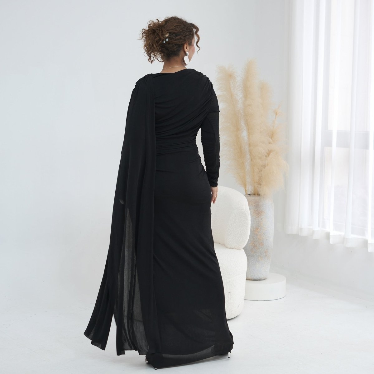 Ruched Maxi Dress with Cape(MS434) - Mariam's Collection
