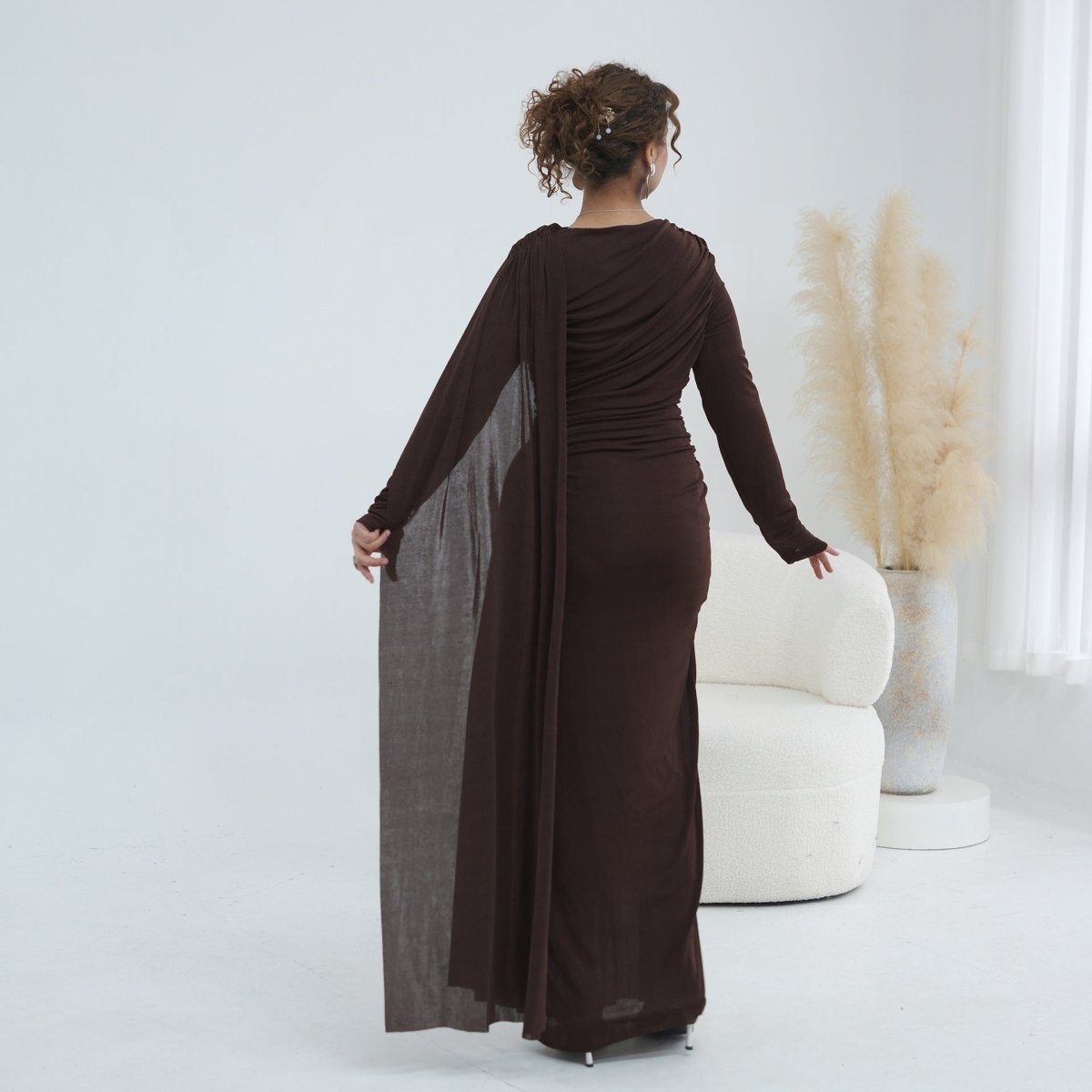Ruched Maxi Dress with Cape(MS434) - Mariam's Collection