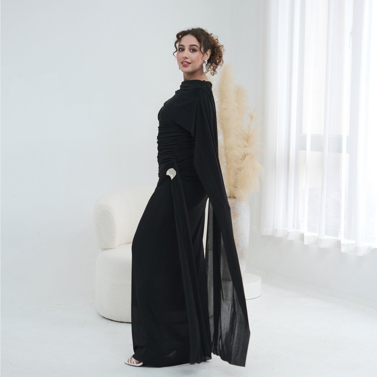 Ruched Maxi Dress with Cape(MS434) - Mariam's Collection