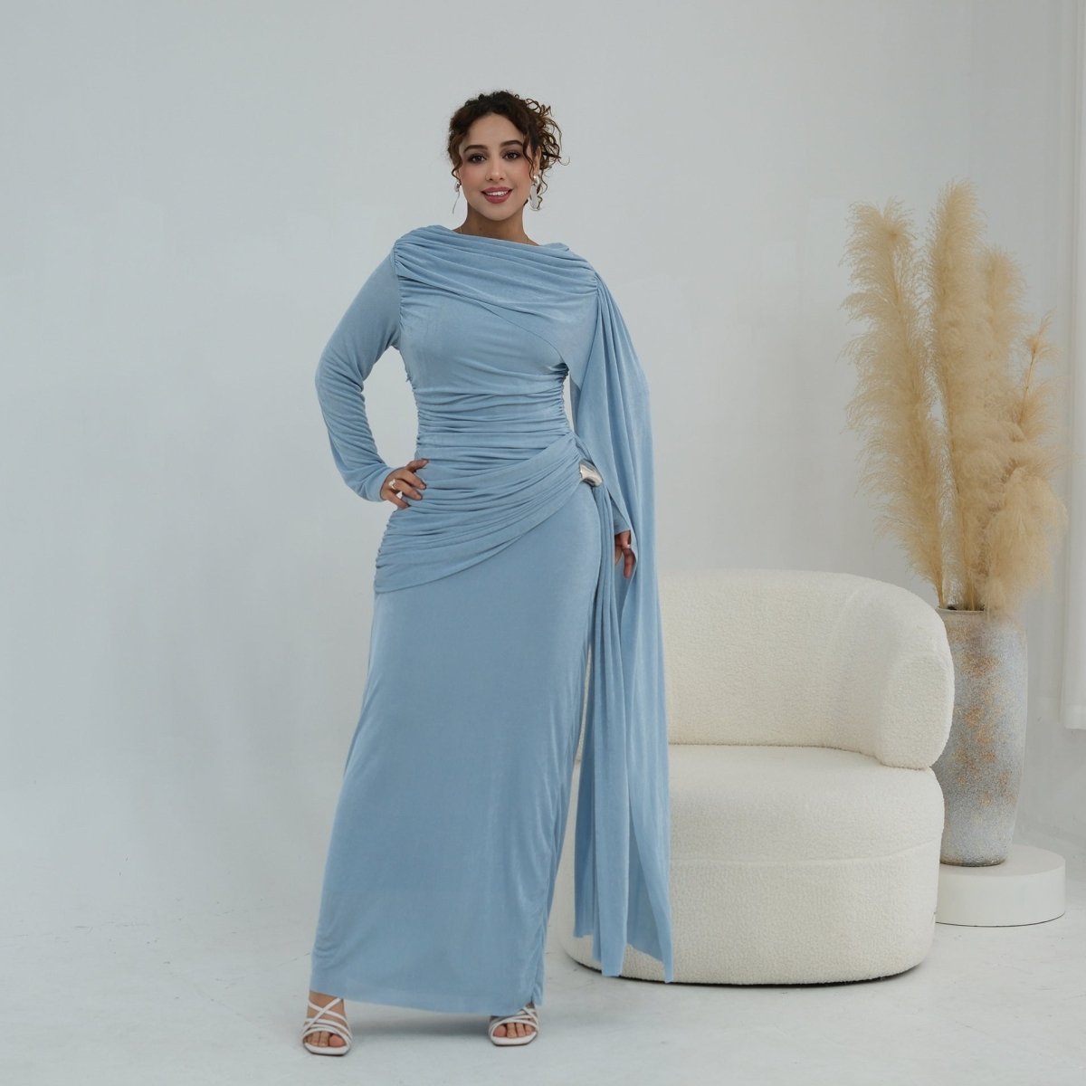 Ruched Maxi Dress with Cape(MS434) - Mariam's Collection