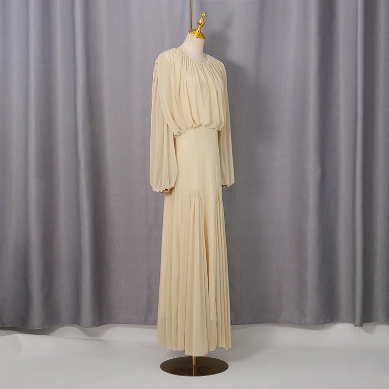 Ruched Panel Maxi Dress | Round-Neck Defined-Waist Occasion Gown(MS578) - Mariam's Collection