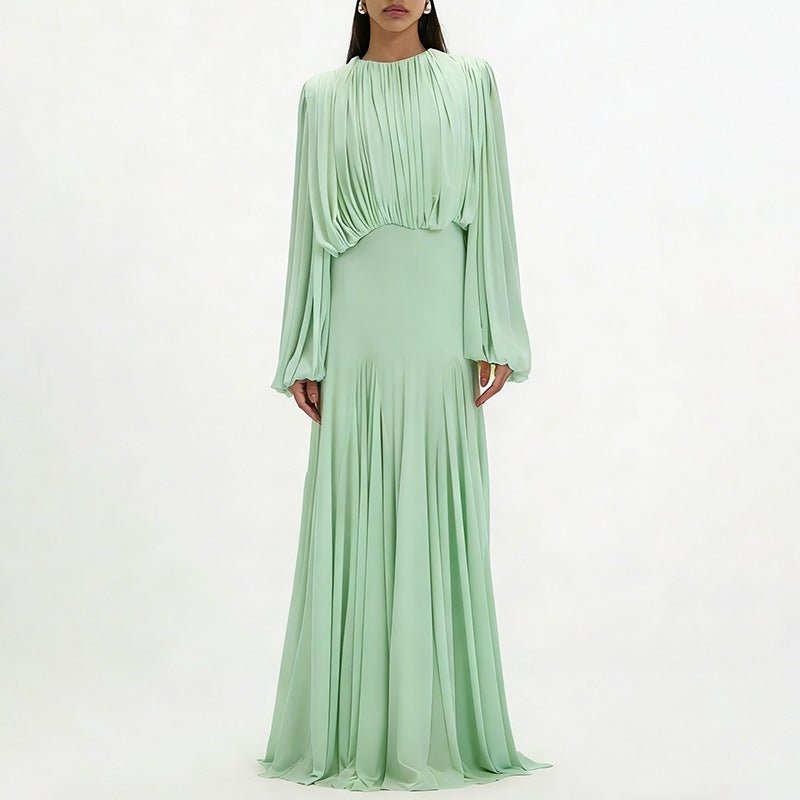 Ruched Panel Maxi Dress | Round-Neck Defined-Waist Occasion Gown(MS578) - Mariam's Collection