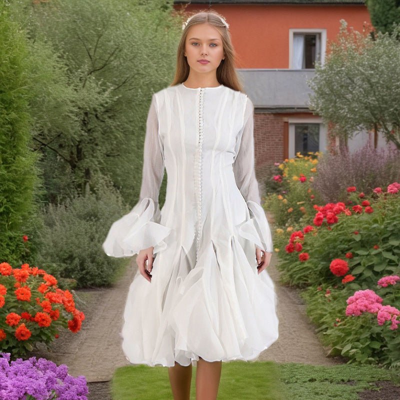 Ruffle Hem Dress with Sheer Sleeves(MS304) - Mariam's Collection