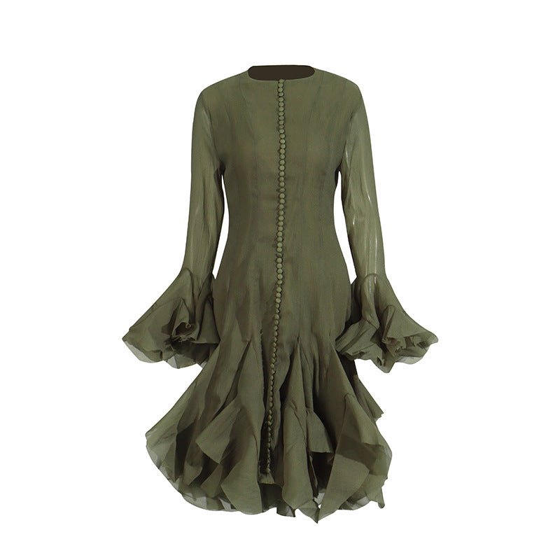 Ruffle Hem Dress with Sheer Sleeves(MS304) - Mariam's Collection