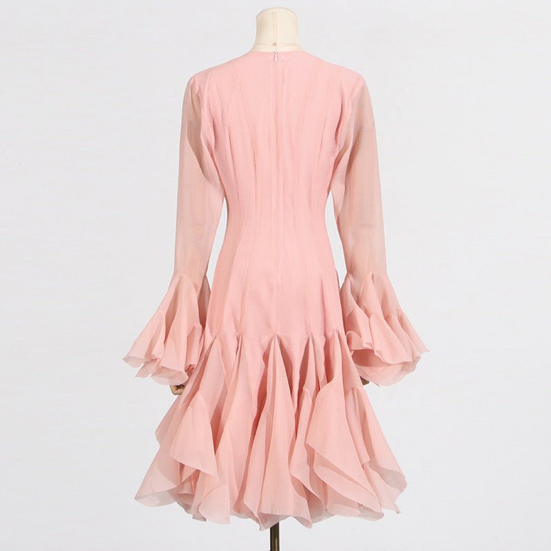 Ruffle Hem Dress with Sheer Sleeves(MS304) - Mariam's Collection