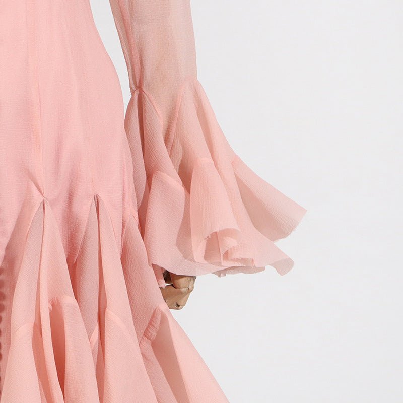 Ruffle Hem Dress with Sheer Sleeves(MS304) - Mariam's Collection