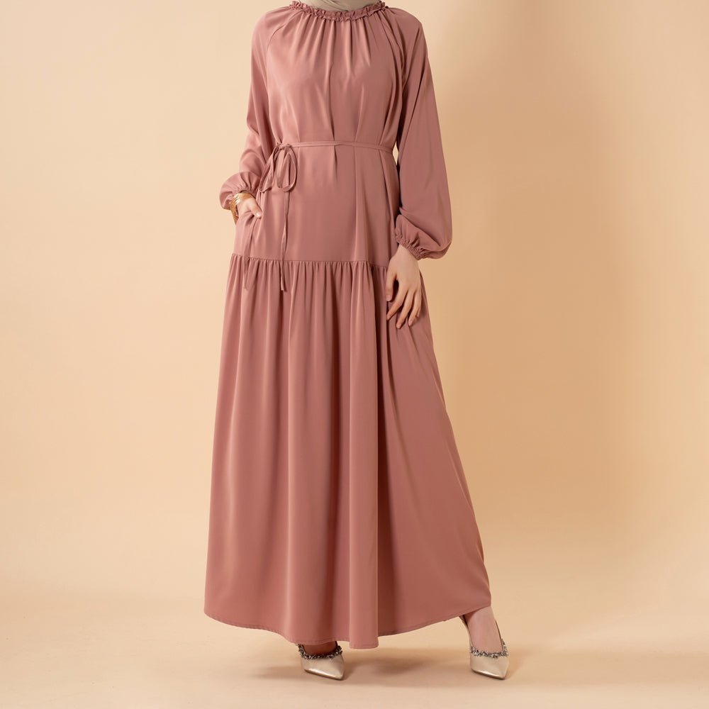 Ruffle Trim Pleated Relaxed Maxi Dress with Waist Tie(MA424) - Mariam's Collection