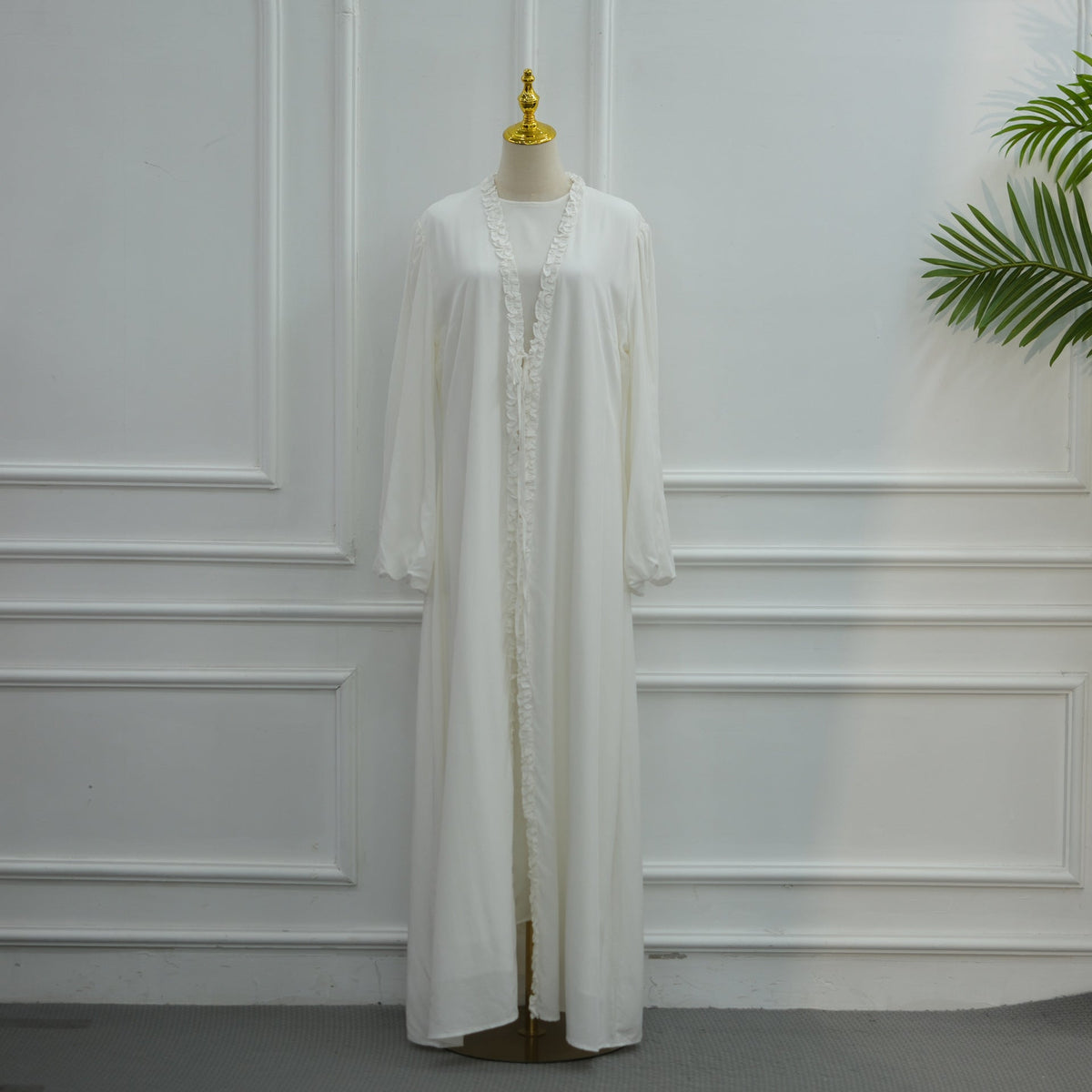 Ruffle-Trim Tie-Front Open Abaya | Lined Balloon-Sleeve Maxi Cardigan(MOA358) - Mariam's Collection