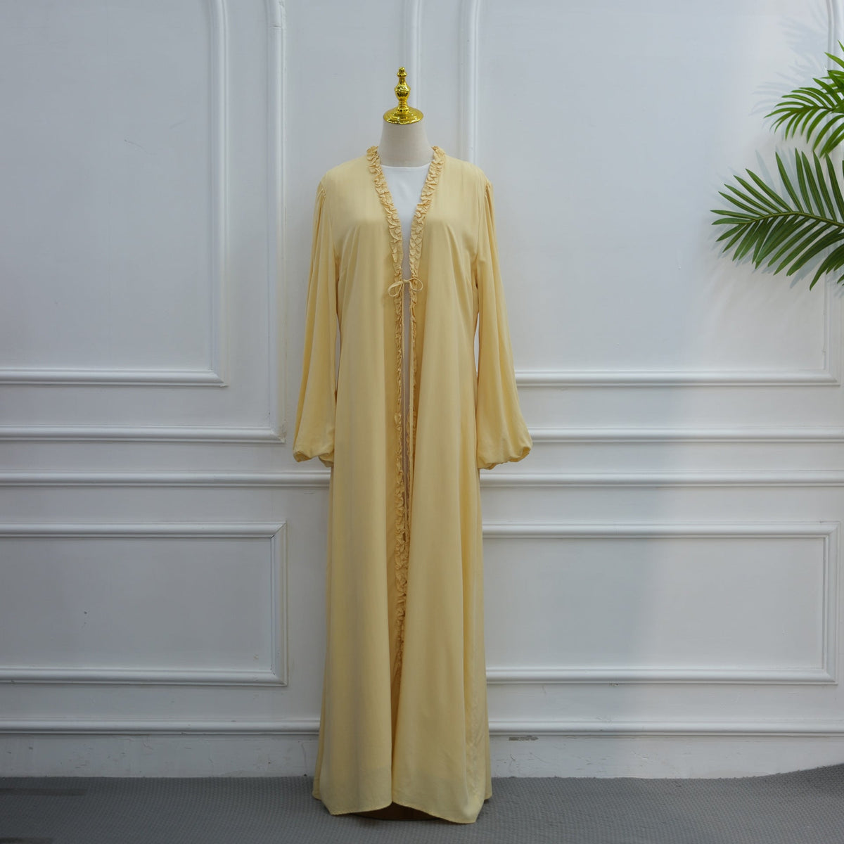 Ruffle-Trim Tie-Front Open Abaya | Lined Balloon-Sleeve Maxi Cardigan(MOA358) - Mariam's Collection
