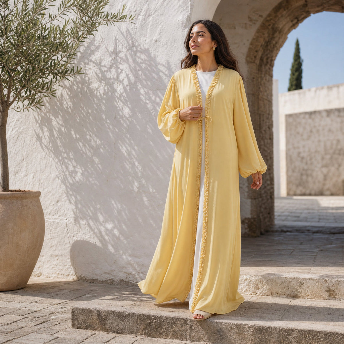 Ruffle-Trim Tie-Front Open Abaya | Lined Balloon-Sleeve Maxi Cardigan(MOA358) - Mariam's Collection