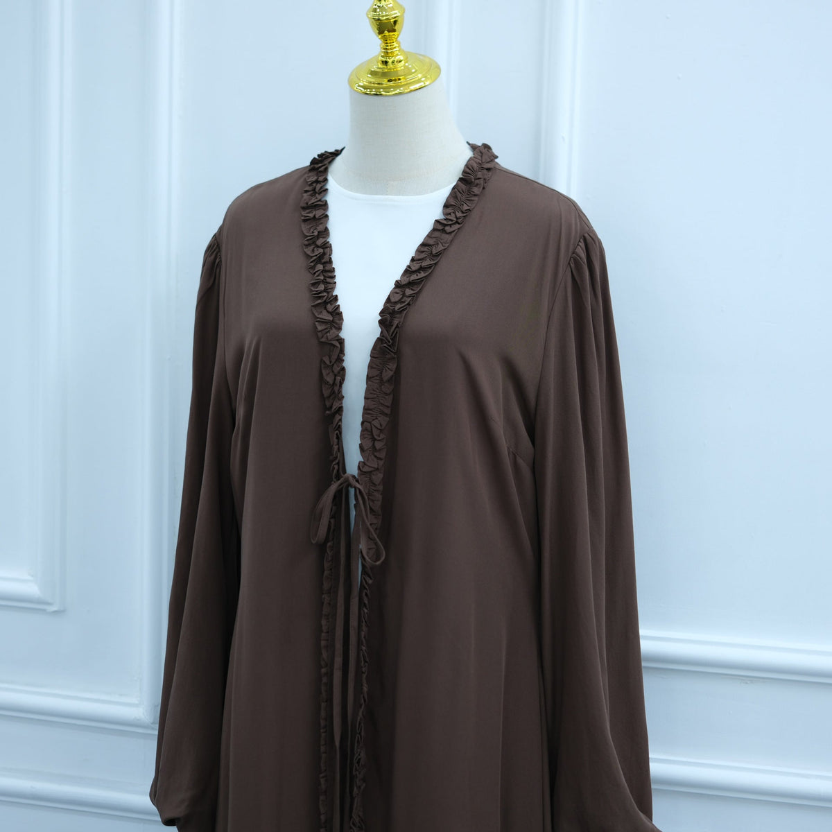 Ruffle-Trim Tie-Front Open Abaya | Lined Balloon-Sleeve Maxi Cardigan(MOA358) - Mariam's Collection
