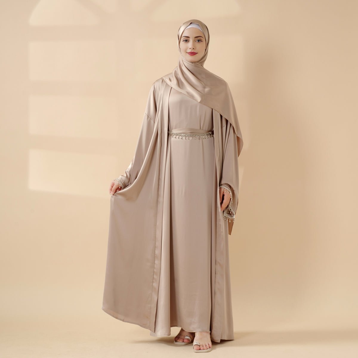 Satin Abaya With Matching Belt Made Of Diamond Tassel Champaign Gold / Cutomize Satin Abaya With Matching Belt Made Of Diamond Tassel Champaign Gold / Cutomize